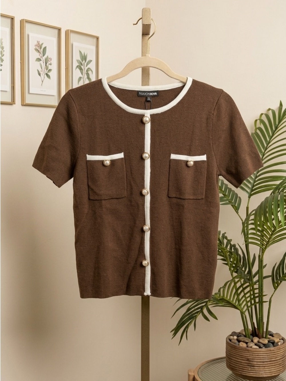 Fashion Nova Brown Short-Sleeve Button Down Top with White Trim